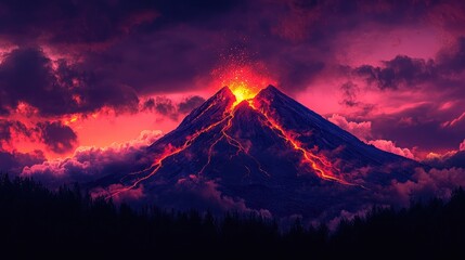 A dramatic volcanic mountain silhouetted at sunset