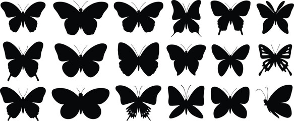 Elegant butterfly silhouette collection showcasing diverse wing patterns, natural insect shapes, decorative symmetry and detailed vector designs for creative graphic artwork © Santo's World