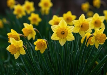 Fototapeta premium Bright yellow daffodils herald the arrival of spring, basking in warm sunshine. A beautiful scene of growth and seasonal renewal, beautiful, gold, meadow