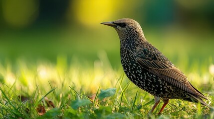common starling foraging in fresh grass with sunlit background showcasing natural beauty and serene park environment during migration season