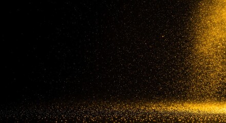 Obraz premium Luxurious sparkling golden dust cascading onto an elegant, deep black backdrop, creating a beautiful abstract pattern with ample space for design or text ,shimmer ,dark ,magic