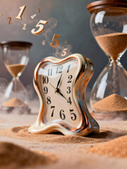 Vintage clock with moving numbers symbolizes time passing with hourglasses in the background
