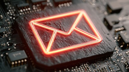 glowing email icon on a circuit board background symbolizing digital communication