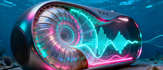 Futuristic speaker with colorful sound waves underwater in a vibrant aquatic environment