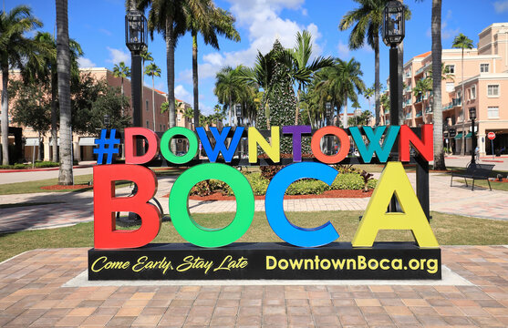 Colorful DOWNTOWN BOCA sign in front of the Mizner Park Mall in Boca Raton, Florida, USA. 