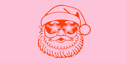 Cool santa claus face with sunglasses and stars on a pink background