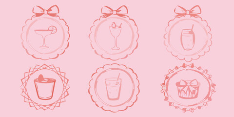 Sketch illustrations of various cocktails and drinks in ornate frames