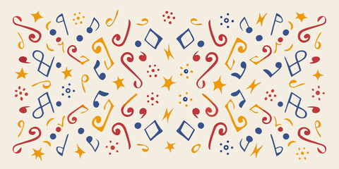 A playful background of hand drawn musical notes and symbols in warm tones