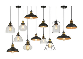 Industrial style pendant lights showcasing a variety of modern and vintage designs with exposed filament bulbs and metallic accents, perfect for home decor.