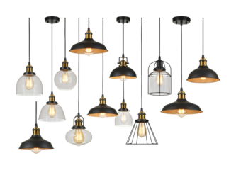 Industrial style pendant lights showcasing a variety of modern and vintage designs with exposed filament bulbs and metallic accents, perfect for home decor.