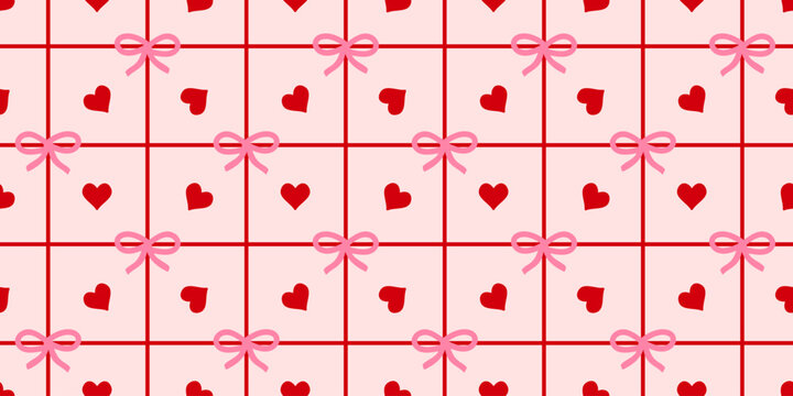 Valentines day gift seamless pattern with red hearts, pink bows, and soft pink grid background for romantic themes and decoration. Vector illustration
