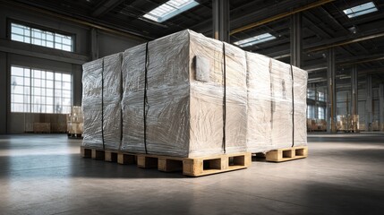 large shrinkwrapped pallet shipment inside a distribution warehouse delivery and logistics