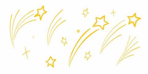 A playful illustration of golden stars and sparkling trails against a white background