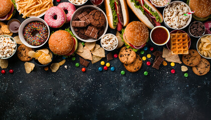 Assortment of fast food and sweets including burgers hot dogs donuts and cookies aesthetic.