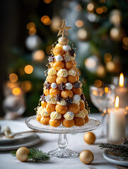 Vertical photo of a festive Croquembouche Christmas tree dessert. French pastry tower made of profiteroles with cream and caramel. Holiday food concept