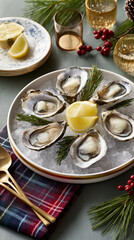 Fresh oysters on ice with lemon and pine garnish. Vertical festive Christmas seafood dinner table setting. Luxury holiday appetizer concept