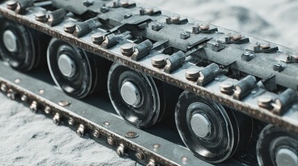 closeup of a gray metal tank track with multiple black wheels resting on a light gray surface outdoors