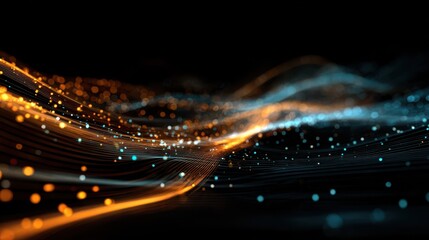 an abstract digital illustration of flowing data streams with glowing orange and blue lights against a dark background evoking a sense of technology and innova