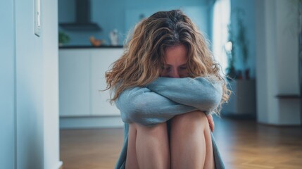 Woman sitting on the floor hugging her knees in a softly lit interior, conveying deep emotional distress and the impact of domestic abuse