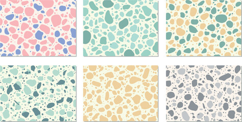 Six different terrazzo patterns in various pastel and neutral colors