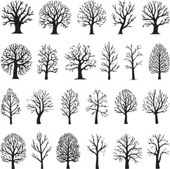Collection of bare tree silhouettes in rows