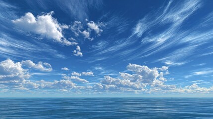 vibrant blue sky filled with fluffy white clouds and wispy cirrus formations above a calm ocean horizon