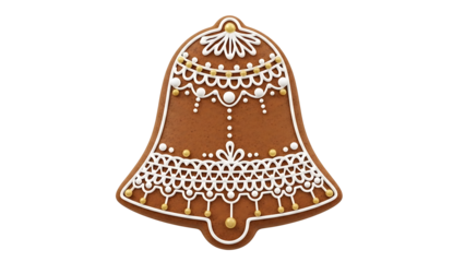 An intricately decorated gingerbread bell, a delicious festive treat. The gingerbread bell is artfully crafted and is decorated with white icing details and gold accents.