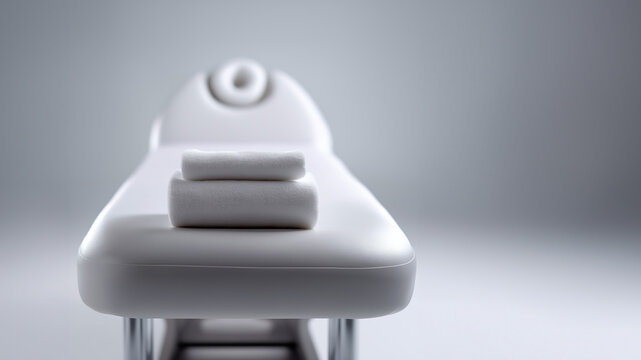 Moderne wei&szlig;e Massageliege mit innovativem Design und gestapelten Polstersegmenten auf Metallgestell