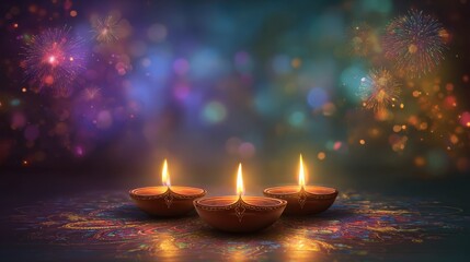 happy diwali festival background with diya oil lamps and fireworks diwalithemed abstract colorful background