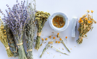 Dried medicinal herbs and flowers. Selective focus.