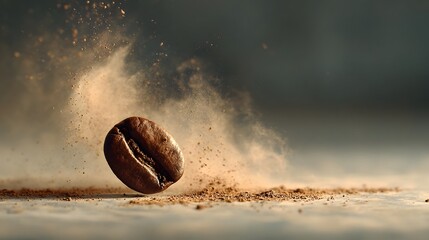 Flying coffee bean landing in scattered ground coffee creating dynamic explosion of particles and aromatic texture