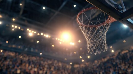 basketball swishing through rim and net beneath glowing arena lights closeup of hoop backboard edge and blurred stadium crowd conveying triumphant exhilaration