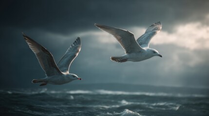 Two seagulls soar over choppy ocean waves on a cloudy day. The sky has dark clouds with some light breaking through. The scene captures the birds in motion against the turbulent sea.