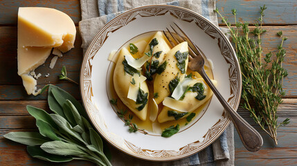 Top view of homemade Culurgiones pasta with butter and sage. Traditional Sardinian dumplings with parmesan cheese and herbs on a rustic wooden table. Italian food flat lay