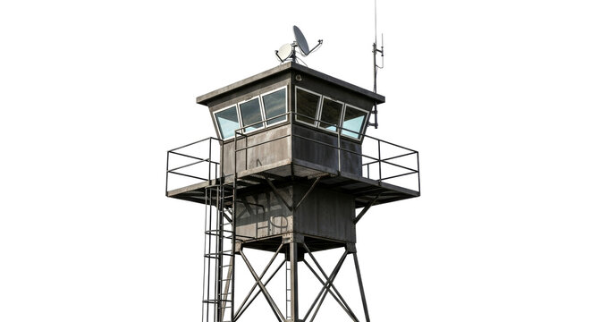 Industrial metal watchtower with satellite dish and antenna on top, featuring a small cabin, observation platform, and ladder for security and surveillance.