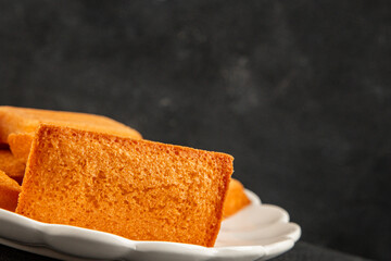 Financier biscuit cookie sweet dessert appetizer fresh tasty gourmet food table setting rustic food top view copy space