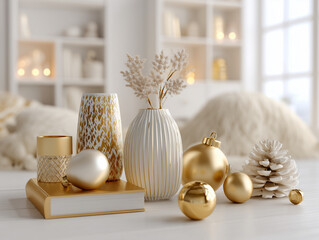 Fototapeta premium Close-Up of White and Gold Christmas Decorations in a Modern Cozy Interior