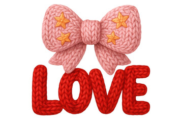 Knitted LOVE Text with Pink Ribbon Bow in Cute Style
