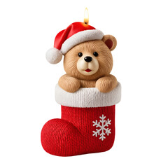 Cute Teddy Bear in Christmas Stocking with Candle
