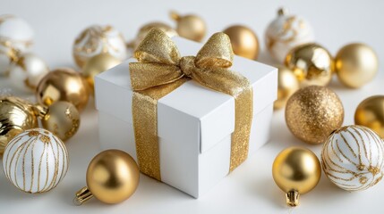 a white gift box with gold ribbon and bow surrounded by white and gold christmas ornaments