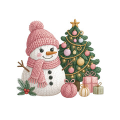Cute Christmas Snowman with Decorated Tree and Gifts

