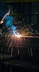 Intense industrial fabrication scene captured as powerful electric arc welding fuses heavy metal beams, generating bright shower of sparks ,large scale ,beams ,construction