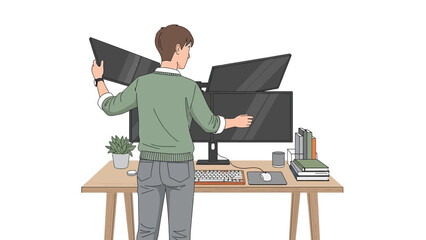 A Person Setting Up a Multi-Monitor Desktop Computer Workstation with Many Monitors.