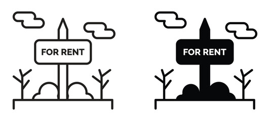 Clean modern line and solid icons representing a real estate for rent sign planted outdoors next to small trees