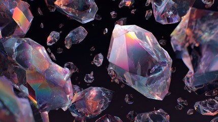 abstract geometric crystal formations floating in dark space with glowing light and iridescent reflections art concept