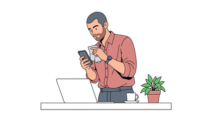 Businessman Looking at His Phone with a Laptop and a Coffee Cup Drawn in Illustration