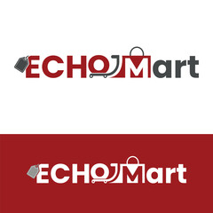 Echomart branding with shopping cart and bag elements in red and gray typography