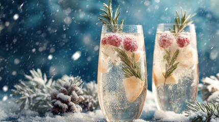 festive celebration with sparkling drinks and holiday decorations on a snowy background