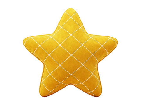 Yellow star shaped plush pillow with white diamond stitching isolated