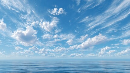 vibrant blue sky filled with fluffy white clouds and wispy cirrus formations above a calm ocean horizon